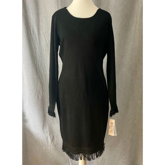Nanette Lepore Luciana Knit Fringe Hem and Sleeves Dress Black Size M NWT BoHo - Picture 2 of 10